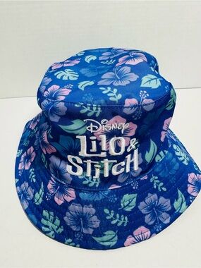 Disney Blue Floral Lilo & Stitch Youth Bucket Hat NWOT Summer Hawaii Hibiscus